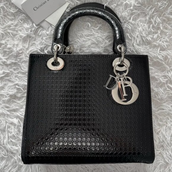 CHRISTIAN DIOR Black Patent Leather Micro Cannage Medium Lady Dior in Black - Picture 1 of 16